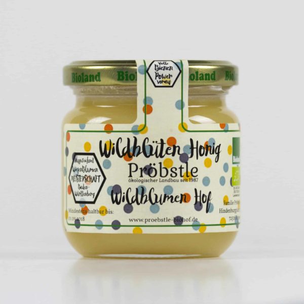 Ein 250g Glas Wildblüten Honig von Pröbstle Biohof